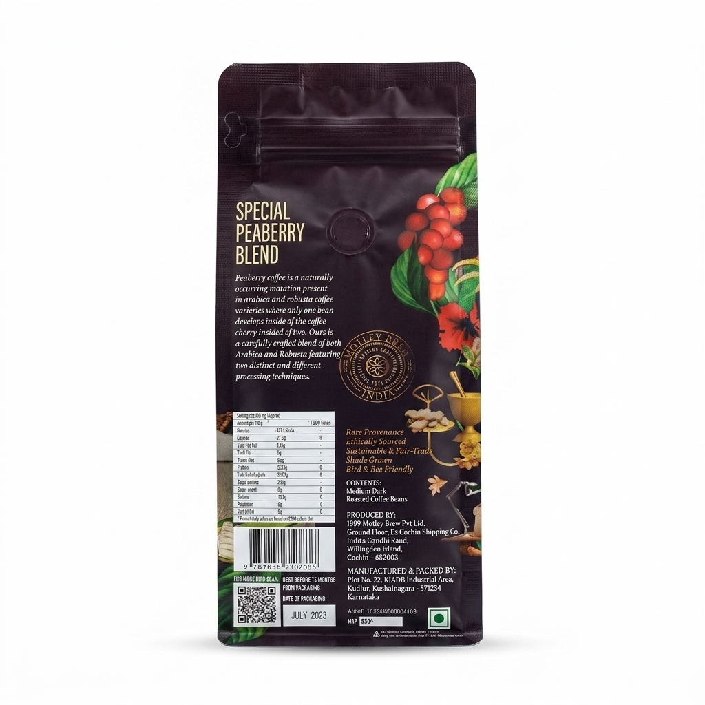 Coffee | Special Peaberry Blend (Espresso) - Strong and Bold Citrus, Walnuts and Dark Chocolate- Medium Dark Roast Coffee - Ethically Sourced ,Shaded Grown- Motley Brew– 250gm