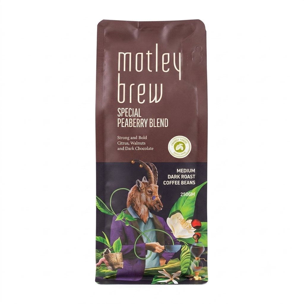 Coffee | Special Peaberry Blend (French Press ) - Strong and Bold Citrus, Walnuts and Dark Chocolate- Medium Dark Roast Coffee - Ethically Sourced ,Shaded Grown- Motley Brew– 250gm