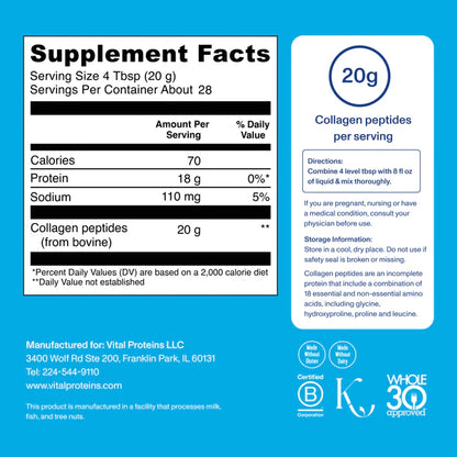 Collagen | Collagen Peptides (Unflavored) 20gm Collagen Peptides Per Serving - Grass Fed + Pasture Raised - For Skin, Hair, Nail + Joint Support - Gluten Free, Dairy Free &amp; Paleo Friendly - Vital Proteins - 567gm