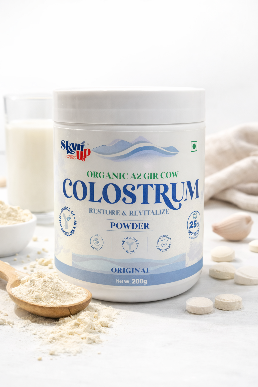 Colostrum Powder | Organic A2 Gir Cow- Source Of Immunoglobulin -Restore &amp; Revitalize – Gut Health, Antibodies Rich, Superfood Supplement– No Added Sugar, 28gm Protein, Zero Preservatives – Skyrrup – 200gm