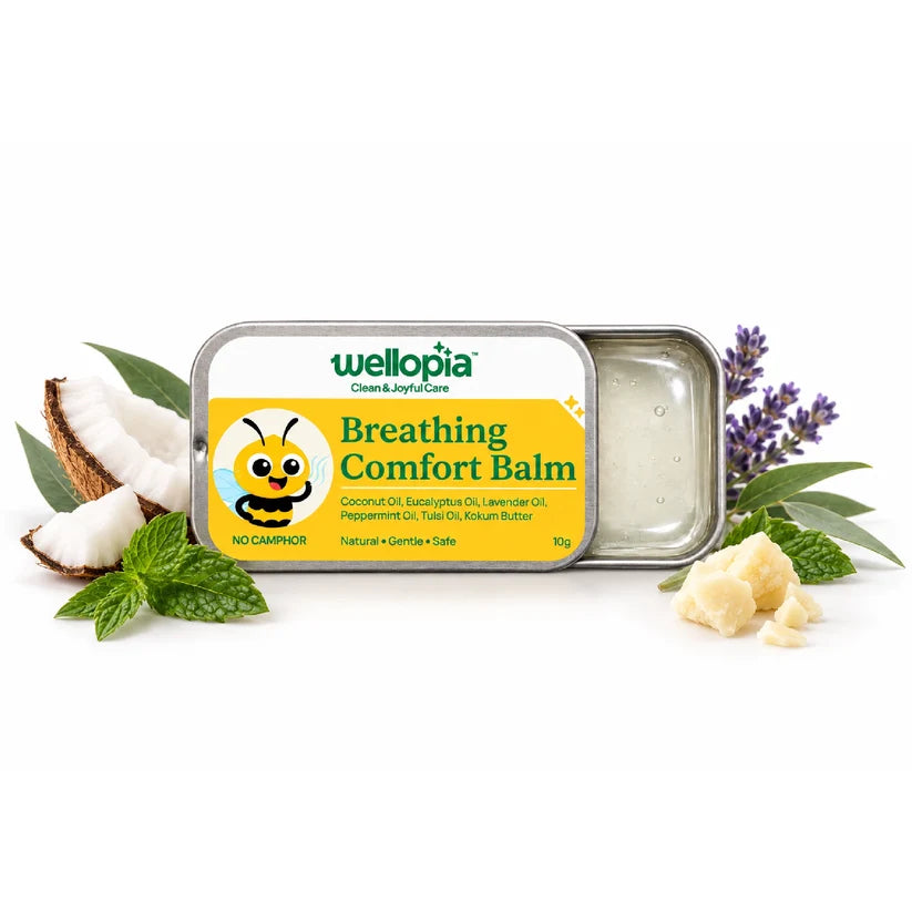 Breathing Comfort Balm - Gentle Camphor-Free Chest Rub for Kids-No Camphor, No Harsh Medicinal Smell, No Artificial Colours, No Petroleum Jelly, No Mineral Oil, No Parabens, No Messy Syrups - Wellopia - 10gm