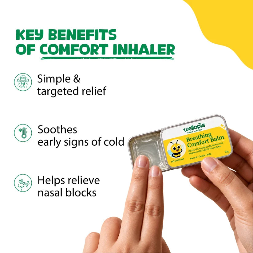 Breathing Comfort Balm - Gentle Camphor-Free Chest Rub for Kids-No Camphor, No Harsh Medicinal Smell, No Artificial Colours, No Petroleum Jelly, No Mineral Oil, No Parabens, No Messy Syrups - Wellopia - 10gm