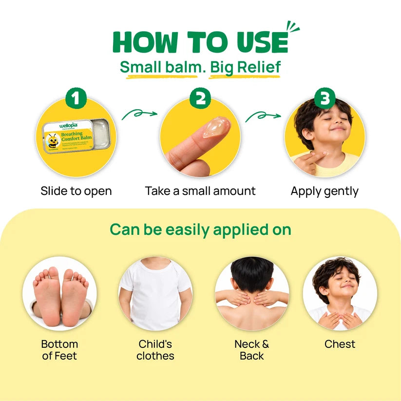 Breathing Comfort Balm - Gentle Camphor-Free Chest Rub for Kids-No Camphor, No Harsh Medicinal Smell, No Artificial Colours, No Petroleum Jelly, No Mineral Oil, No Parabens, No Messy Syrups - Wellopia - 10gm
