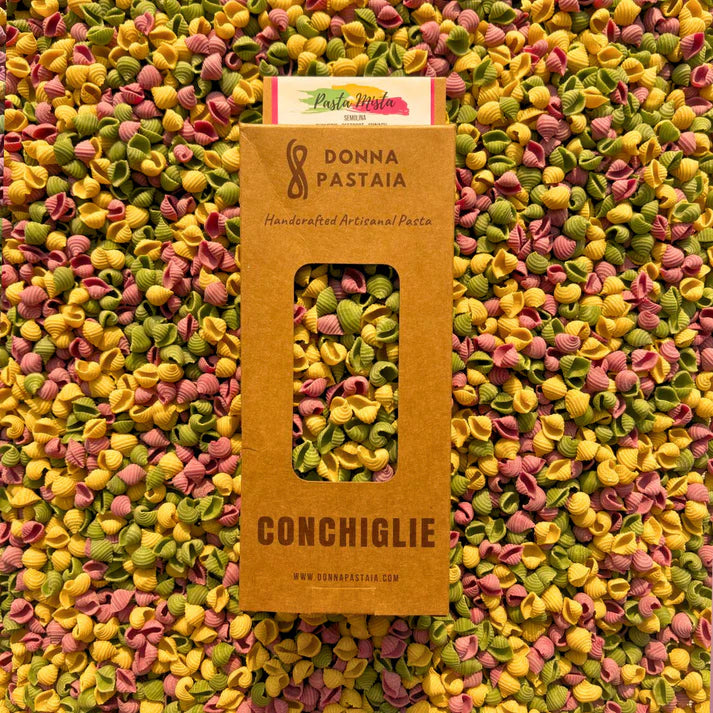 Pasta | Conchiglie Pasta Mista (Semolina Pasta) -Turmeric ,Beetroot, Spinach – Donna Pastaia – 250gm