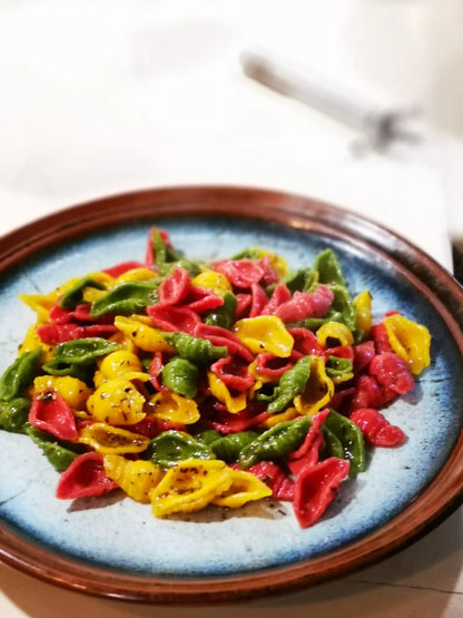 Pasta | Conchiglie Pasta Mista (Semolina Pasta) -Turmeric ,Beetroot, Spinach – Donna Pastaia – 250gm