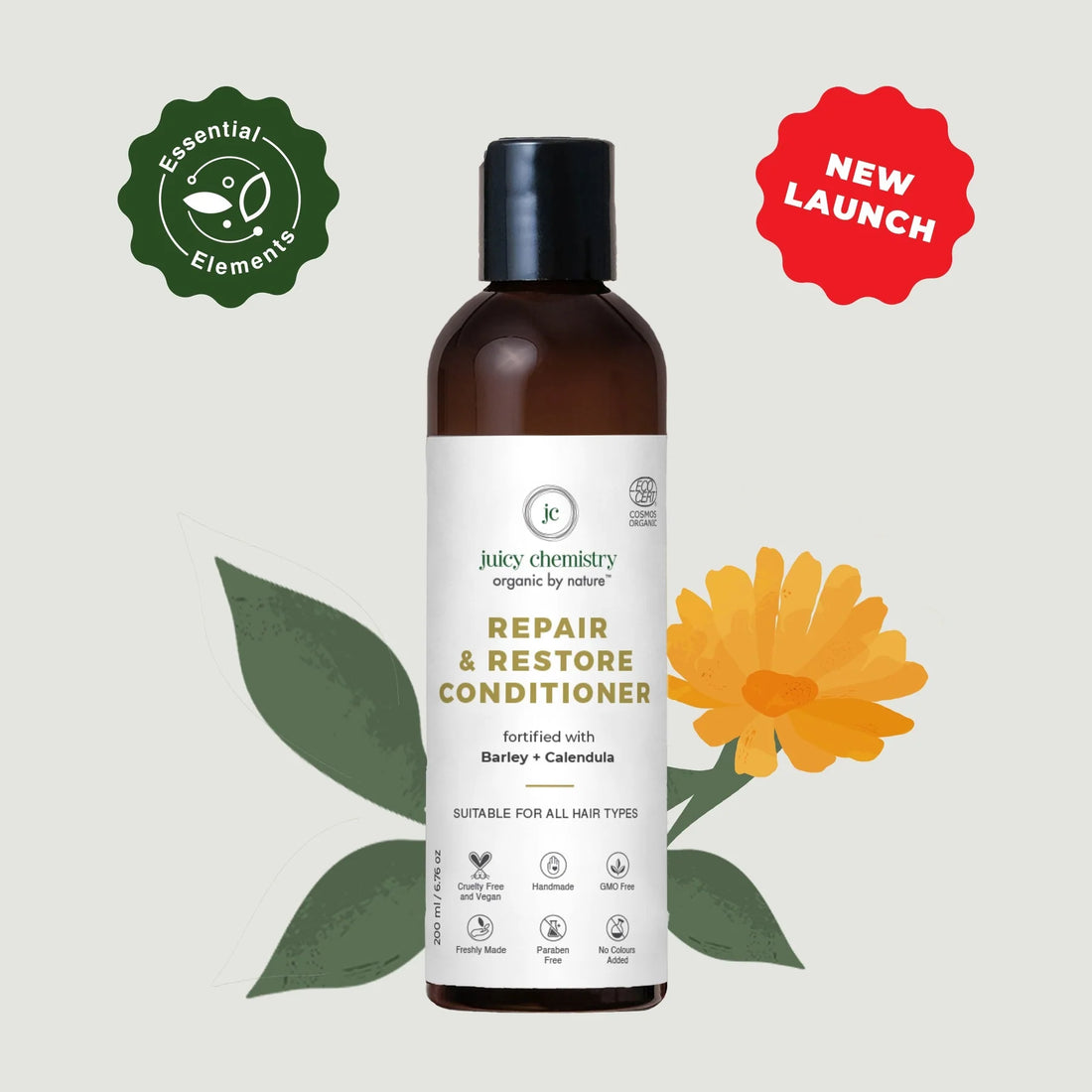 Hair Conditioner | Repair &amp;amp; Restore (Fortified With Barley + Calendula) - Suitable For All Hair Types - Handmade - Cruelty Free, Vegan, Gmo Free, Zero Sulphates, Zero Dyes, Paraben Free &amp;amp; No Colors Added - Juicy Chemistry - 200ml
