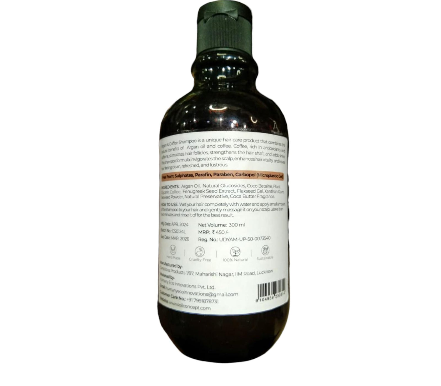 Shampoo | Conditioning Shampoo - Argan &amp; Coffee - 100% Natural Base &amp; Active Ingredients - vegan &amp; Paraben Free - Soil Concept - 300ml