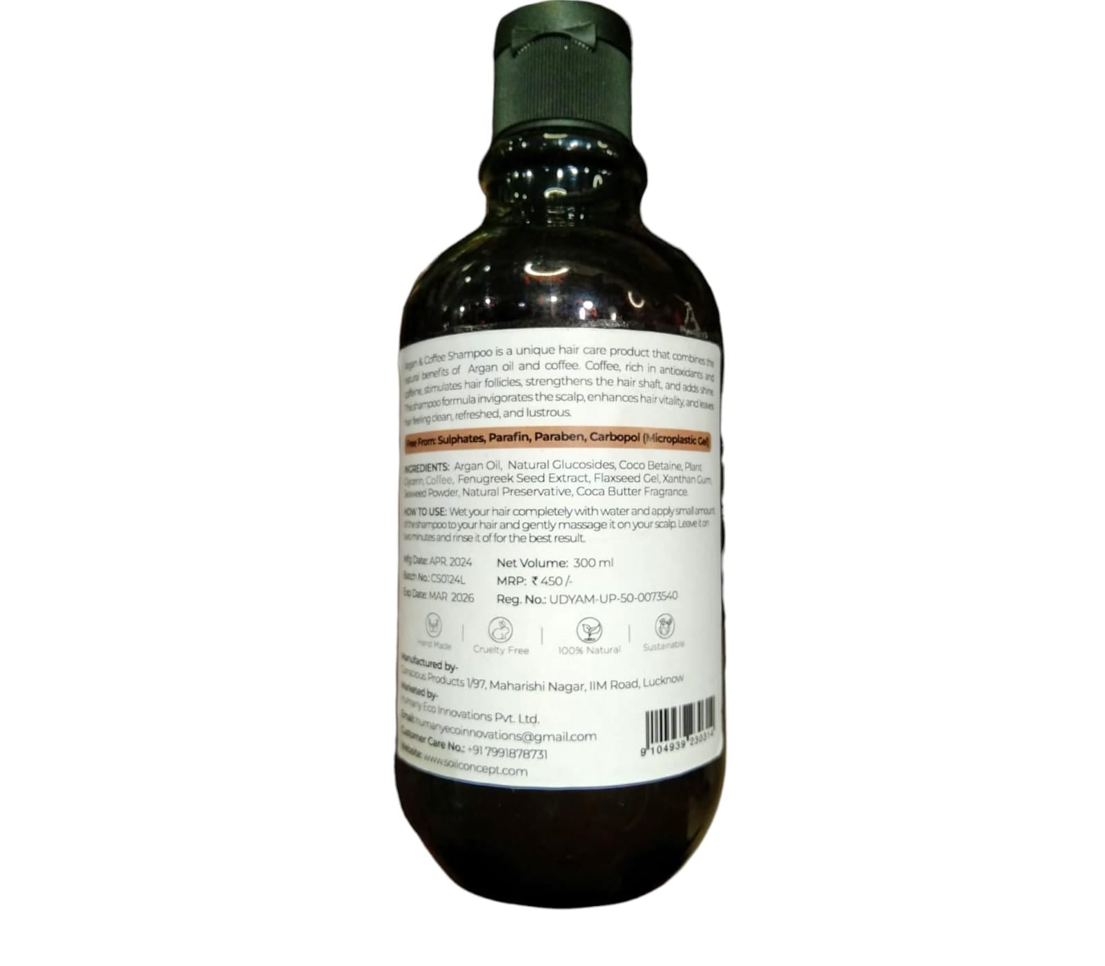 Shampoo | Conditioning Shampoo - Argan &amp; Coffee - 100% Natural Base &amp; Active Ingredients - vegan &amp; Paraben Free - Soil Concept - 300ml