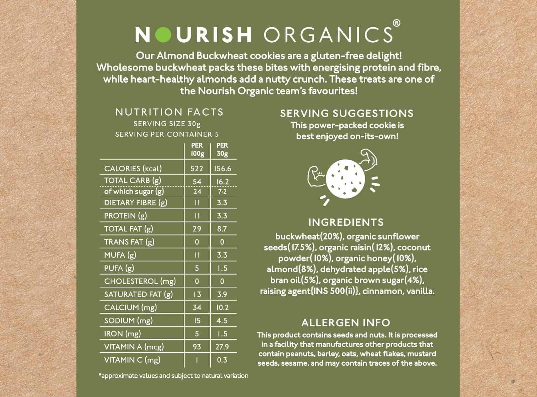 Cookies | Almond Buckwheat - Gluten Free, High Protein, Rich In Fiber, Fat Free &amp;amp; Lactose Free - Nourish Organic - 120gm