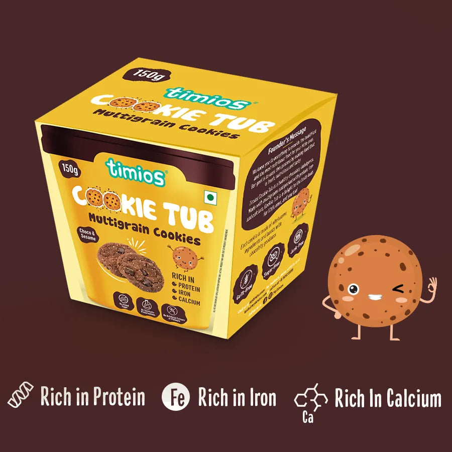 Cookies | Multigrain (Cookie Tub) - Made With Organic Jaggery – No Maida, No Added Sugar, Rich In Protein, Calcium & Iron - Timios - 150gm