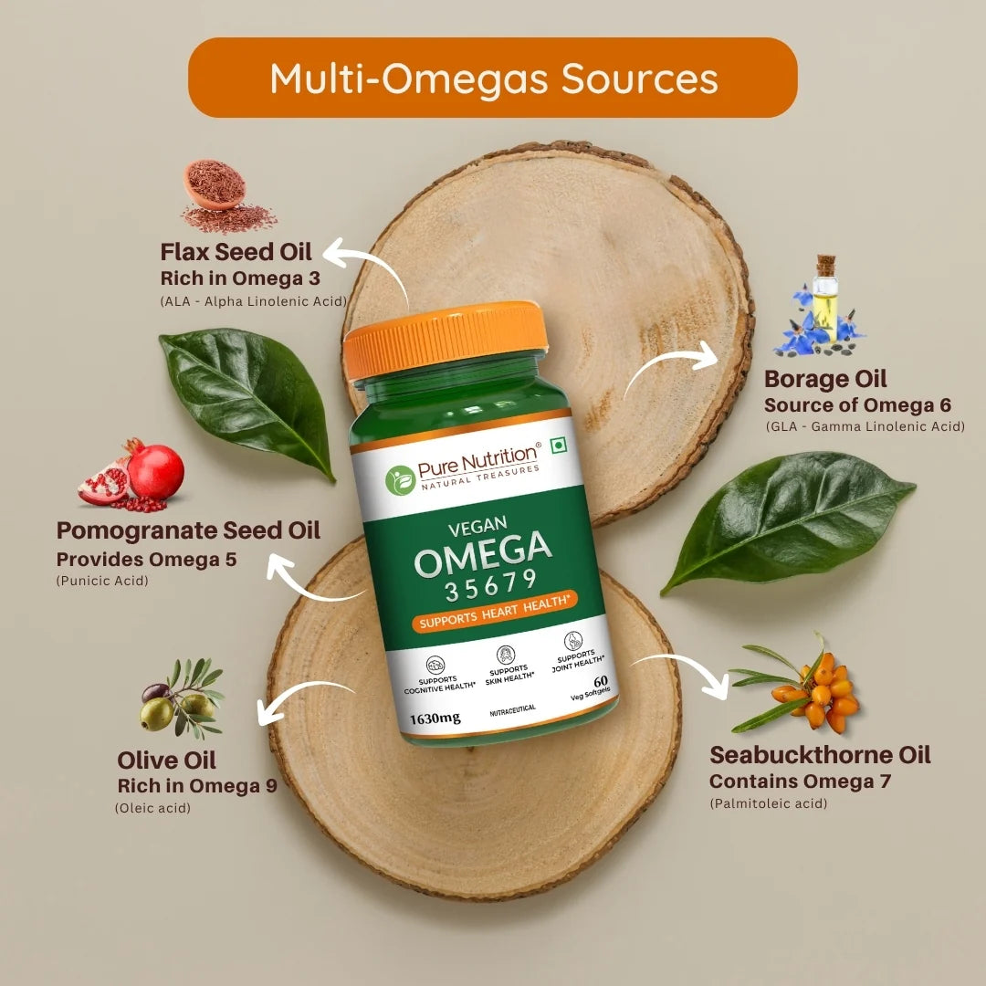 Vegan Omega | 3-5-6-7-9 (1630mg) -Essential Fatty Acid Blend- Supports Heart Health - Support Skin Health, Joint Health- Pure Nutrition - 60 Capsules