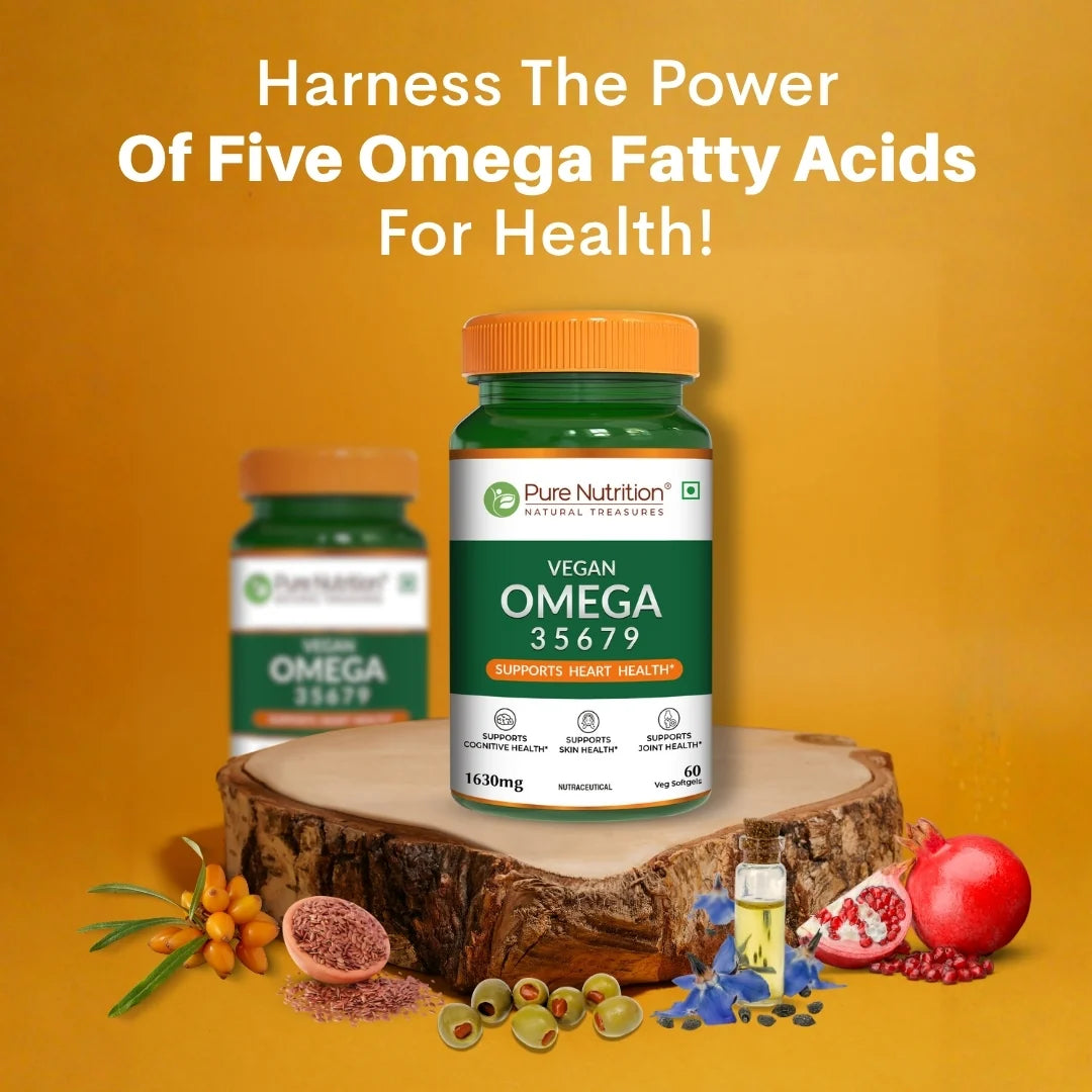 Vegan Omega | 3-5-6-7-9 (1630mg) -Essential Fatty Acid Blend- Supports Heart Health - Support Skin Health, Joint Health- Pure Nutrition - 60 Capsules