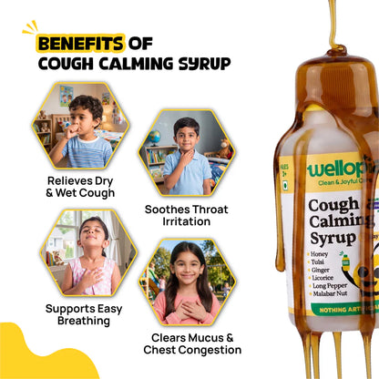 Syrup | Cough Calming Syrup Day Time  (Ages 2+)- Blueberry Flavour -Made with honey, ginger, tulsi - No Artificial Preservatives-No Refined Sugar , Drug Free - Natural Flavoured - Wellopia - 100ml