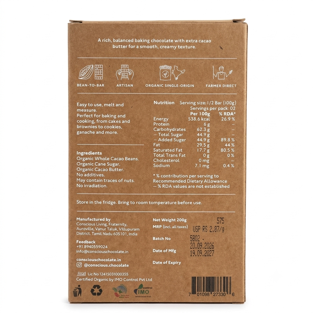 Dark Chocolate | 55% Couverture Dark Baking Chocolate – Vegan, Gluten Free &amp;amp; Soy Free – Conscious Living – 200gm