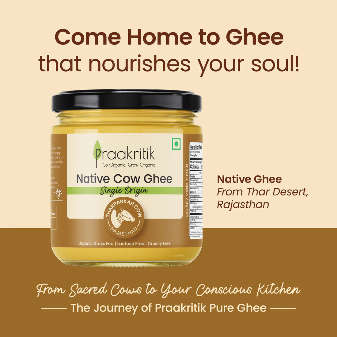 Ghee | Native Tharparkar Cow Ghee (Single Origin) - Tharparkar Cow (Rajasthan) - Organic Grass Fed, Lactose Free, Cruelty Free - Praakritik - 500ml