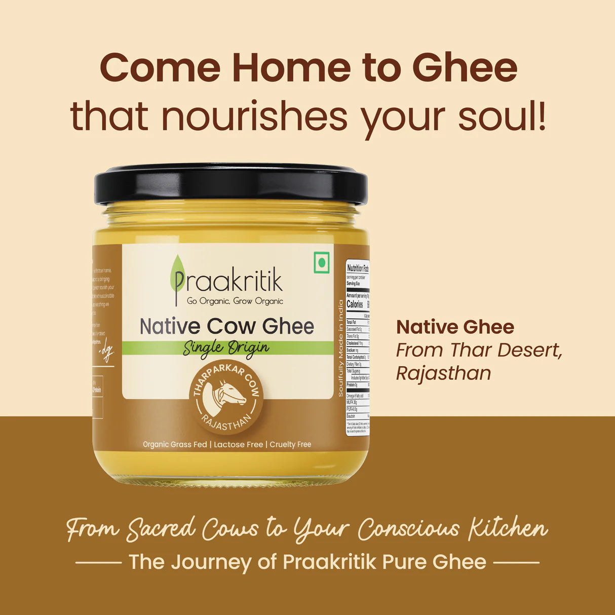 Ghee | Native Tharparkar Cow Ghee (Single Origin) - Tharparkar Cow (Rajasthan) - Organic Grass Fed, Lactose Free, Cruelty Free - Praakritik - 500ml