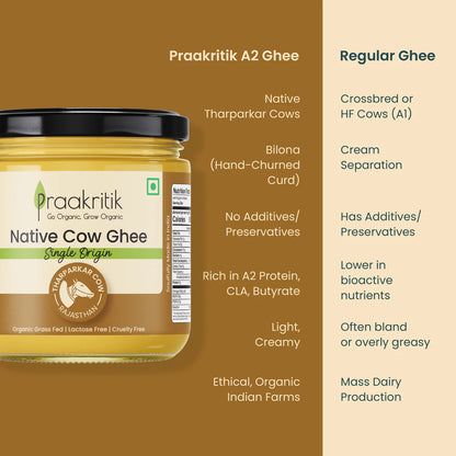 Ghee | Native Tharparkar Cow Ghee (Single Origin) - Tharparkar Cow (Rajasthan) - Organic Grass Fed, Lactose Free, Cruelty Free - Praakritik - 500ml