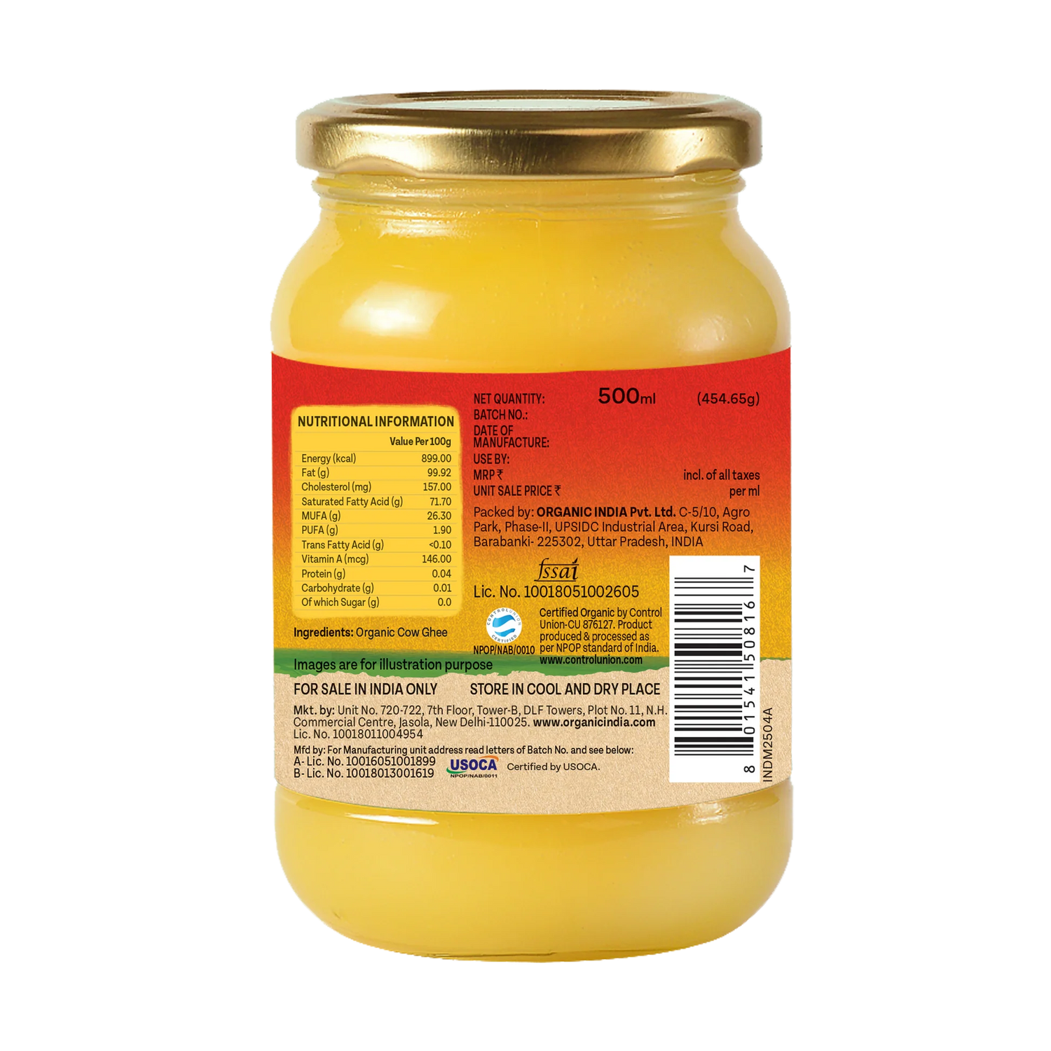 Ghee | Cow Ghee -100% Pure - Certified Organic- No Synthetic Additives or Harmones - Organic India - 1000ml