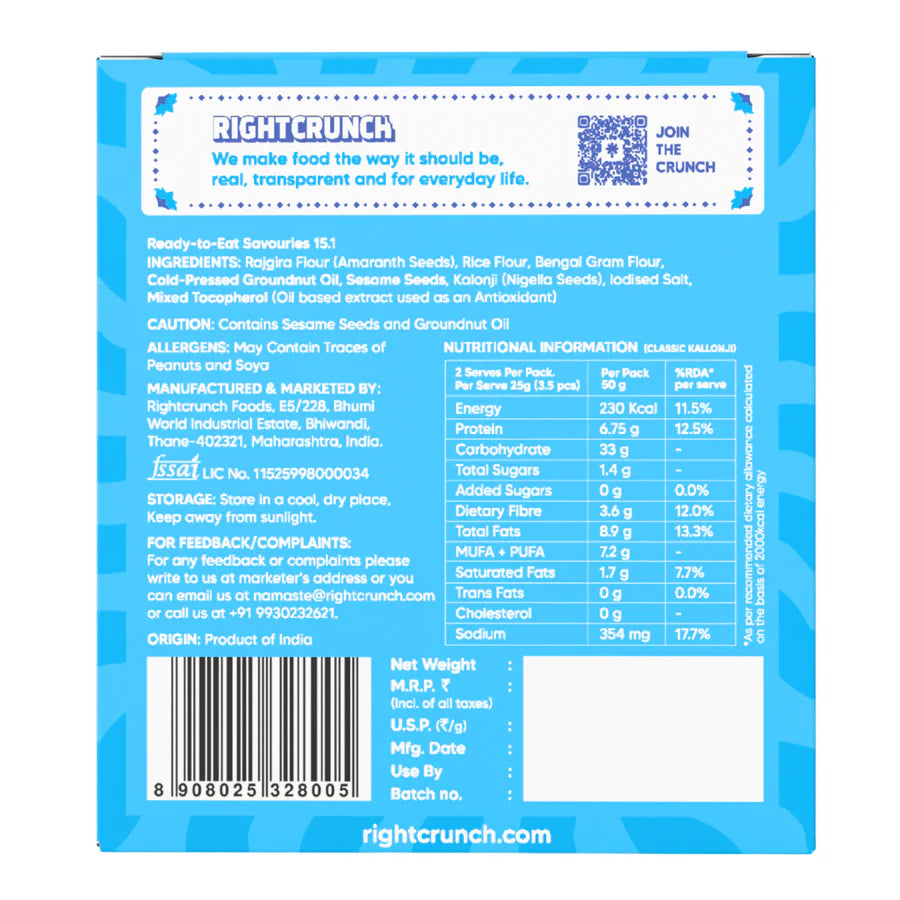 Cracker - Classic Kallonji Baked Thins - Gluten Free, Vegan-No Maida, No Palm Oil &amp; No Artificial Ingredients- Right Crunch - 50gm