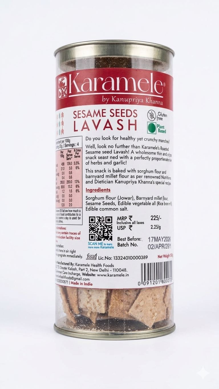 Crackers |Sesame Seeds Lavash - Roasted Sesame Seeds– Vegan, Plant Based , Gluten Free – Karamele – 100gm