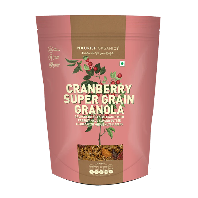 Granola | Cranberry Super Grain Granola - High Protein, Rich In Fiber, Lactose Free &amp; Fat Free – Nourish Organics - 300gm