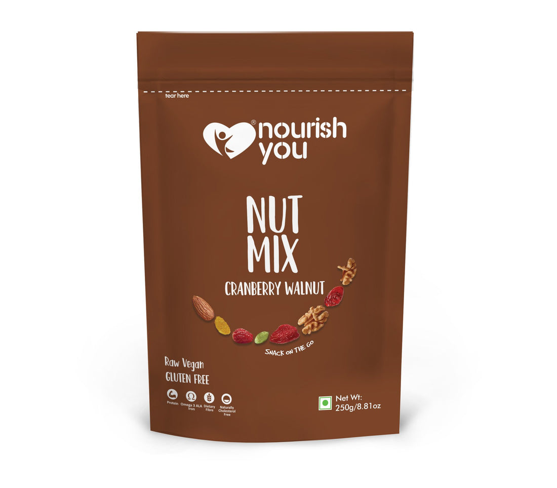 Cranberry Walnut Nut Mix – Vegan, Gluten Free, Good Source Of Protein, Omega – 3 Ala Iron, Dietary Fibre &amp; Cholesterol Free - Nourish You – 250gm