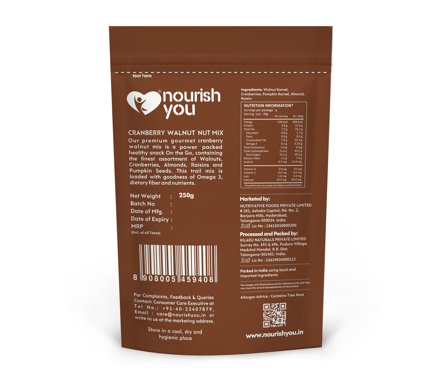 Cranberry Walnut Nut Mix – Vegan, Gluten Free, Good Source Of Protein, Omega – 3 Ala Iron, Dietary Fibre &amp; Cholesterol Free - Nourish You – 250gm