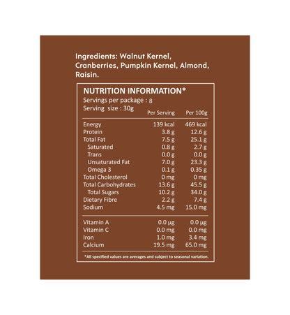 Cranberry Walnut Nut Mix – Vegan, Gluten Free, Good Source Of Protein, Omega – 3 Ala Iron, Dietary Fibre &amp; Cholesterol Free - Nourish You – 250gm