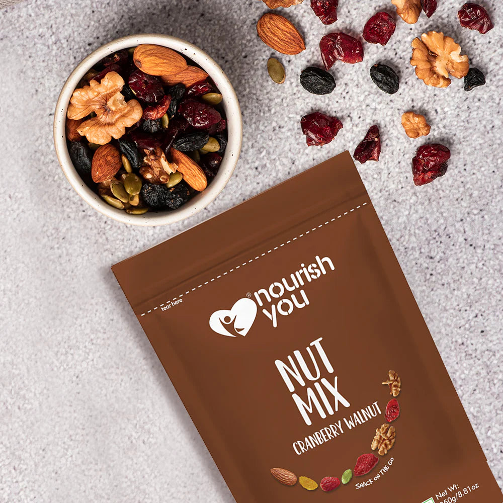 Cranberry Walnut Nut Mix – Vegan, Gluten Free, Good Source Of Protein, Omega – 3 Ala Iron, Dietary Fibre &amp; Cholesterol Free - Nourish You – 250gm