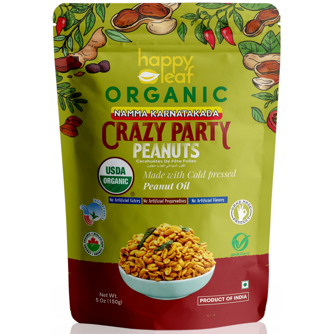 Peanuts | Crazy Party Peanuts (Made With Cold Pressed Peanut Oil) - USDA Organic - No Artificial Flavours, Colors &amp; No Added Preservatives - Happy Leaf - 95gm
