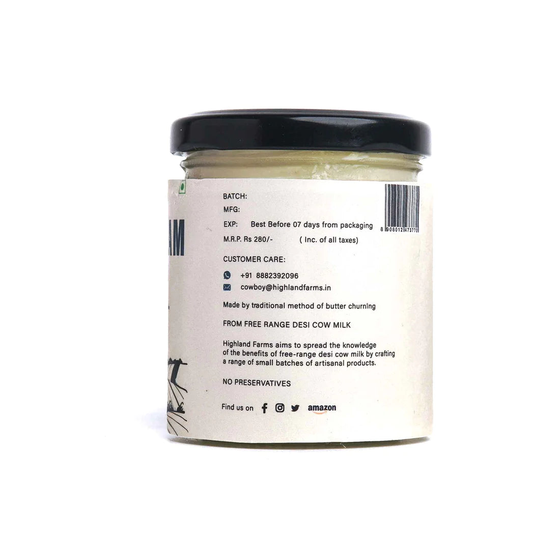 Cream | Fresh (Made With A2 Cow Milk) - Free Range Cow Milk - Preservatives Free - Highland Farms - 200gm
