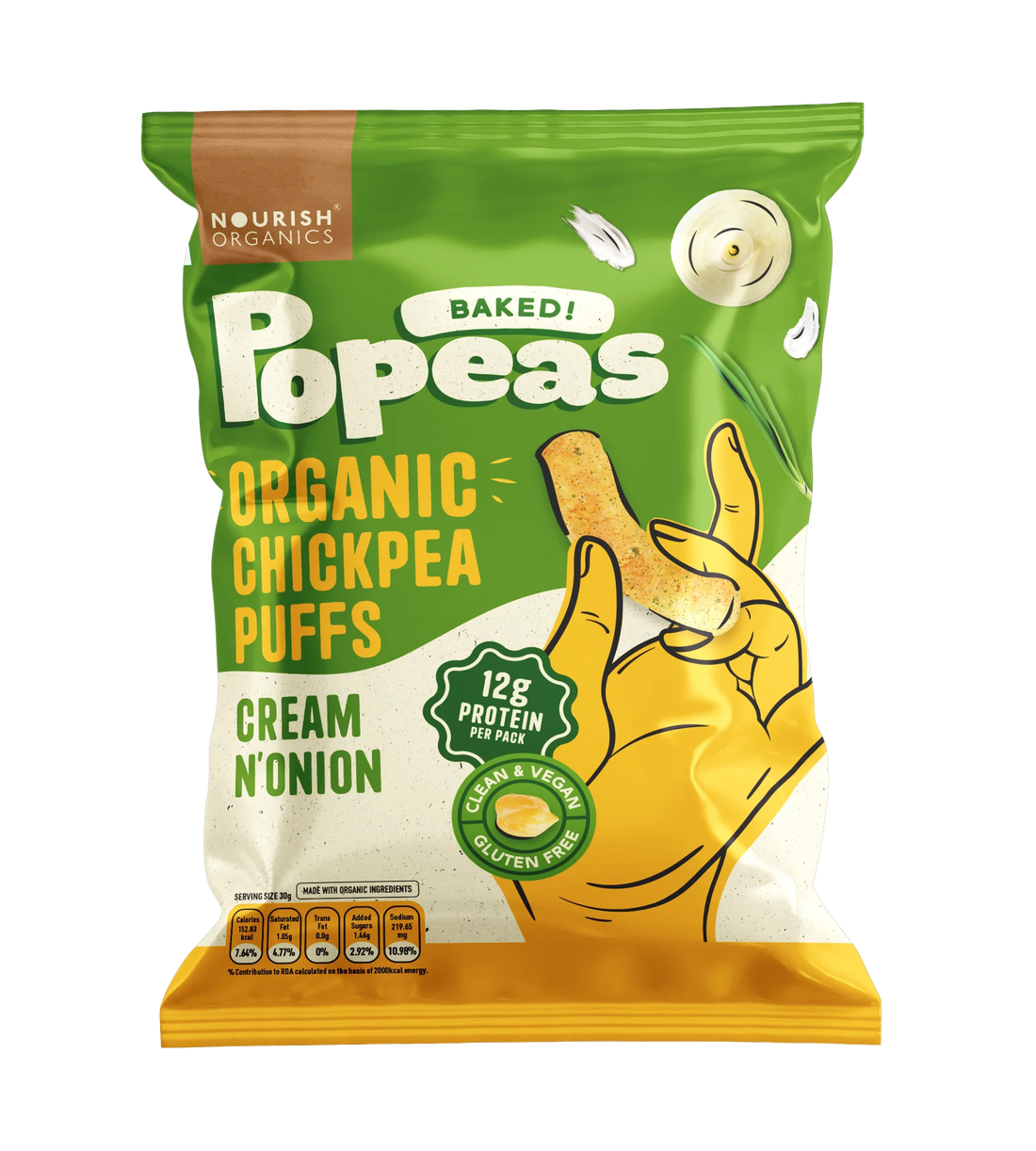 Chickpeas Puffs | Popeas (Cream & Onion) - Baked - 12gm Protein Per Pack - Organic – Vegan & Gluten Free – Nourish Organics – 60gm