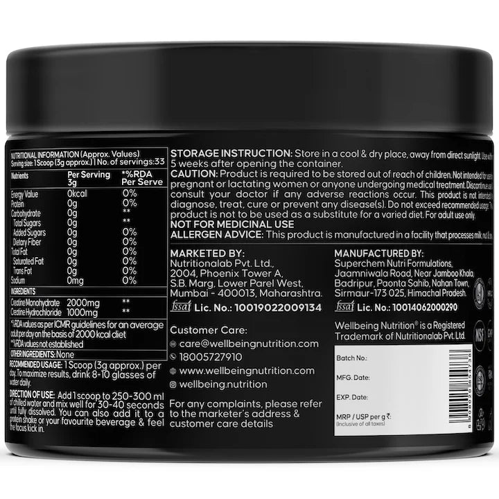 Creatine | Micronized Creatine Monohydrate + HCL (Unflavoured) – Gluten Free, Soy Free, No Artificial Flavours &amp; No Sweeteners – Wellbeing Nutrition – (33 Servings) – 100gm
