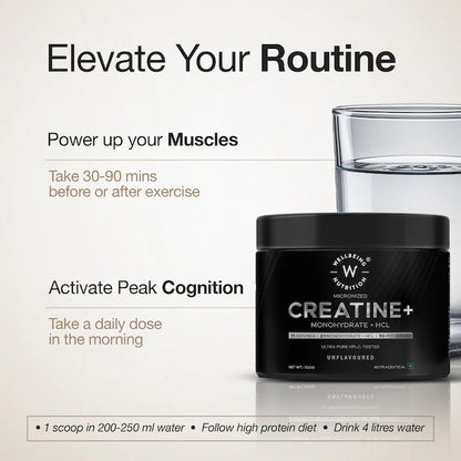 Creatine | Micronized Creatine Monohydrate + HCL (Unflavoured) – Gluten Free, Soy Free, No Artificial Flavours &amp; No Sweeteners – Wellbeing Nutrition – (33 Servings) – 100gm