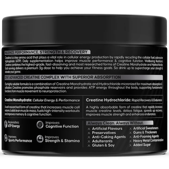 Creatine | Micronized Creatine Monohydrate + HCL (Unflavoured) – Gluten Free, Soy Free, No Artificial Flavours &amp; No Sweeteners – Wellbeing Nutrition – (33 Servings) – 100gm