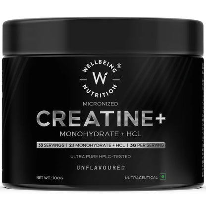 Creatine | Micronized Creatine Monohydrate + HCL (Unflavoured) – Gluten Free, Soy Free, No Artificial Flavours &amp; No Sweeteners – Wellbeing Nutrition – (33 Servings) – 100gm