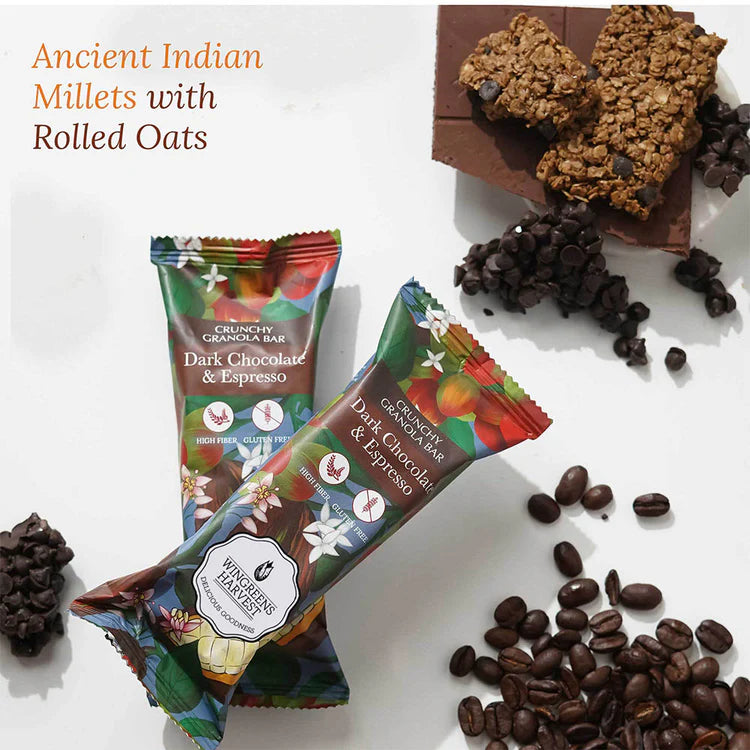 Crunchy Millet Granola Bars – Dark Chocolate &amp; Espresso – Natural - Gluten Free &amp; High Fiber – Wingreens Harvest – 40gm