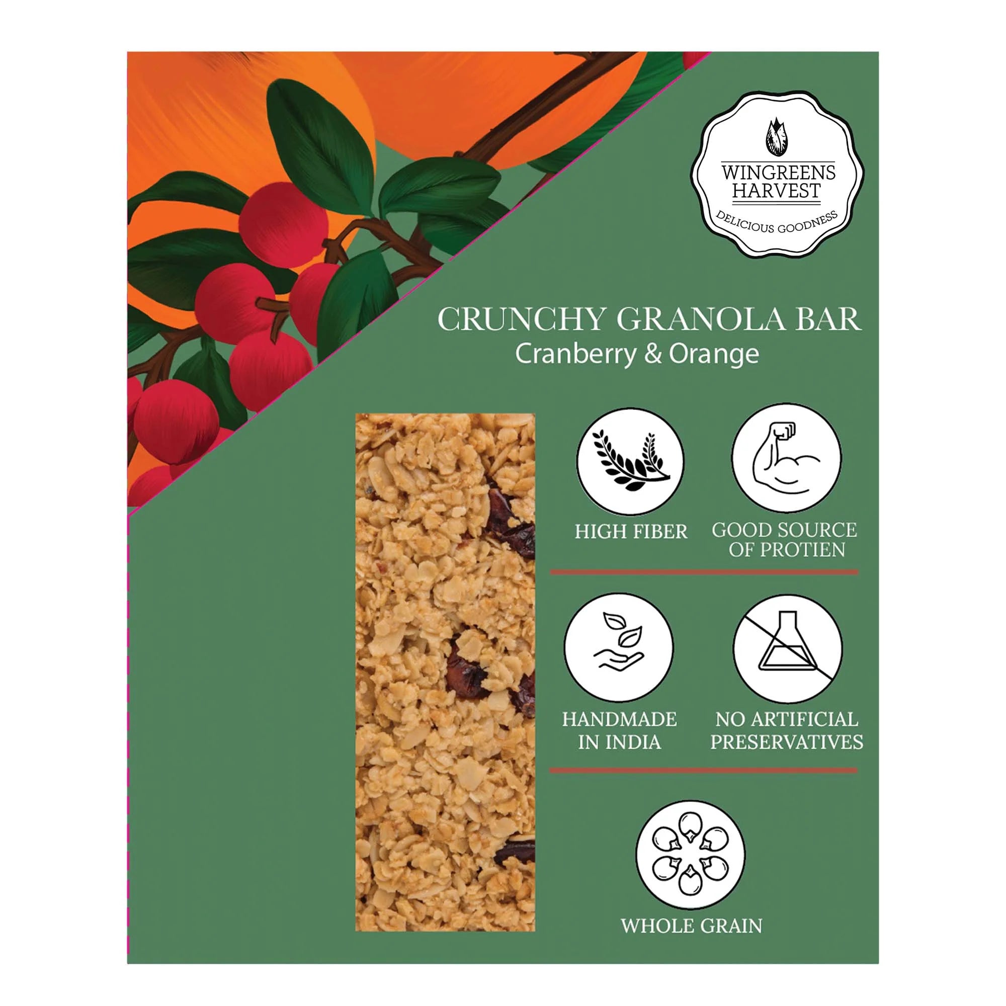 Crunchy Millet Granola Bars - Cranberry &amp;amp; Orange – Vegan &amp; Gluten Free - Wingreens Harvest - 40gm x 6