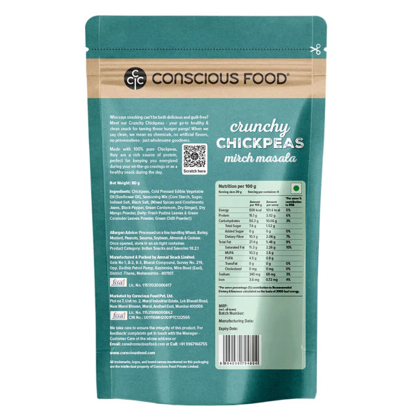 Crunchy Chickpeas (Mirch Masala) - All Natural - Gluten Free, No Trans Fat &amp; No Added Preservatives - Conscious Food - 80gm