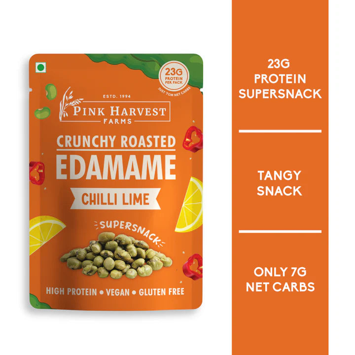 Edamame | Crunchy Roasted Edamame - Chilli Lime - 23g of Protein Per Serving - Vegan, Gluten Free, Non GMO & High In Protein - Pink Harvest - 60gm