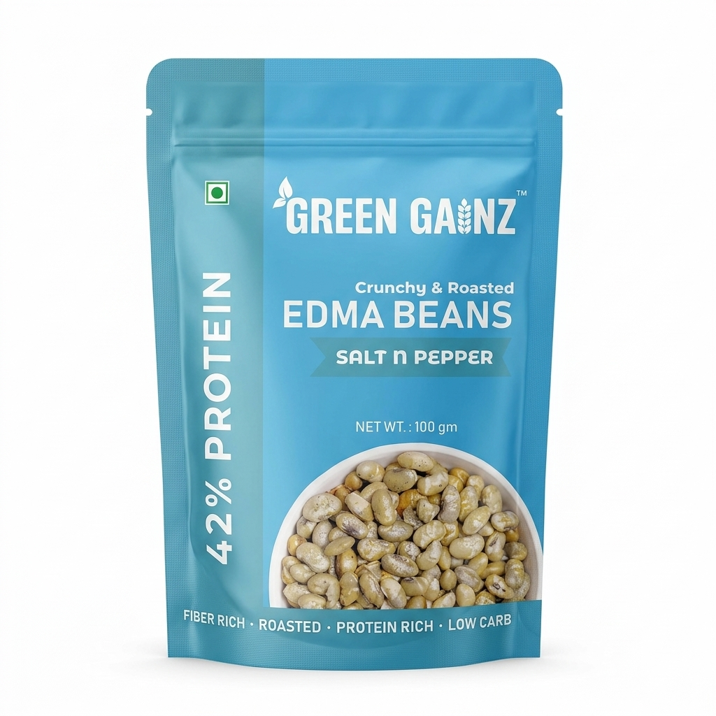 Edama Beans | Crunchy &amp; Roasted Edma Beans (Salt n Pepper) - 42% Protein Per Serving -Sea Salt , Vegan, Gluten Free- Lightly Salted, Fiber Rich, Protein Rich - Not Fried - No Trans Fat &amp; Palm Oil - Green Gainz- 60gm