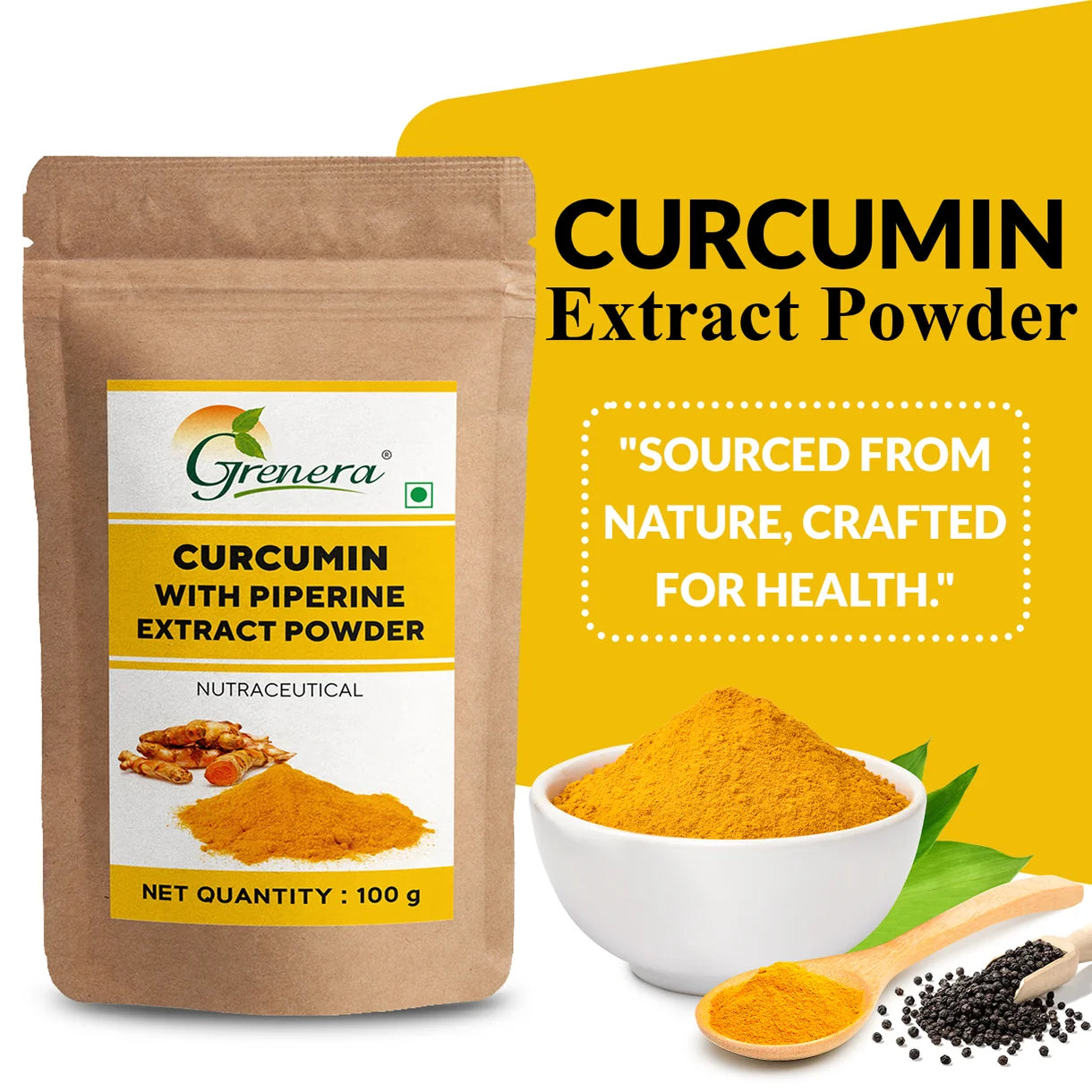 Powder | Curcumin With Piperine Extract Powder-Vegan , Non-GMO , Gluten-Free - Grenera - 100gm