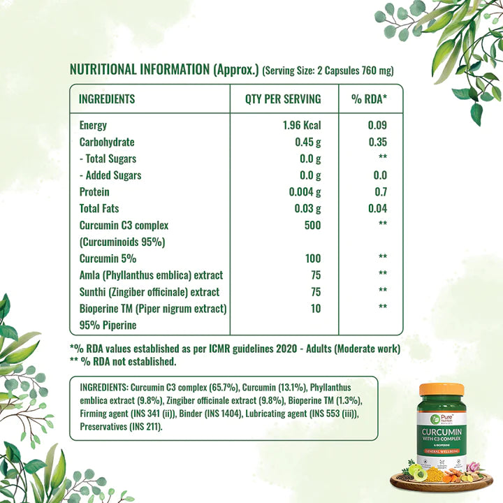 Curcumin | (With C3 Complex &amp; Bioperine) - Fights Inflammation And Supports Joint Health - Natural - Support immunity &amp;amp; Potent Antioxidant - Pure Nutrition - (760mg) - 60 Capsules