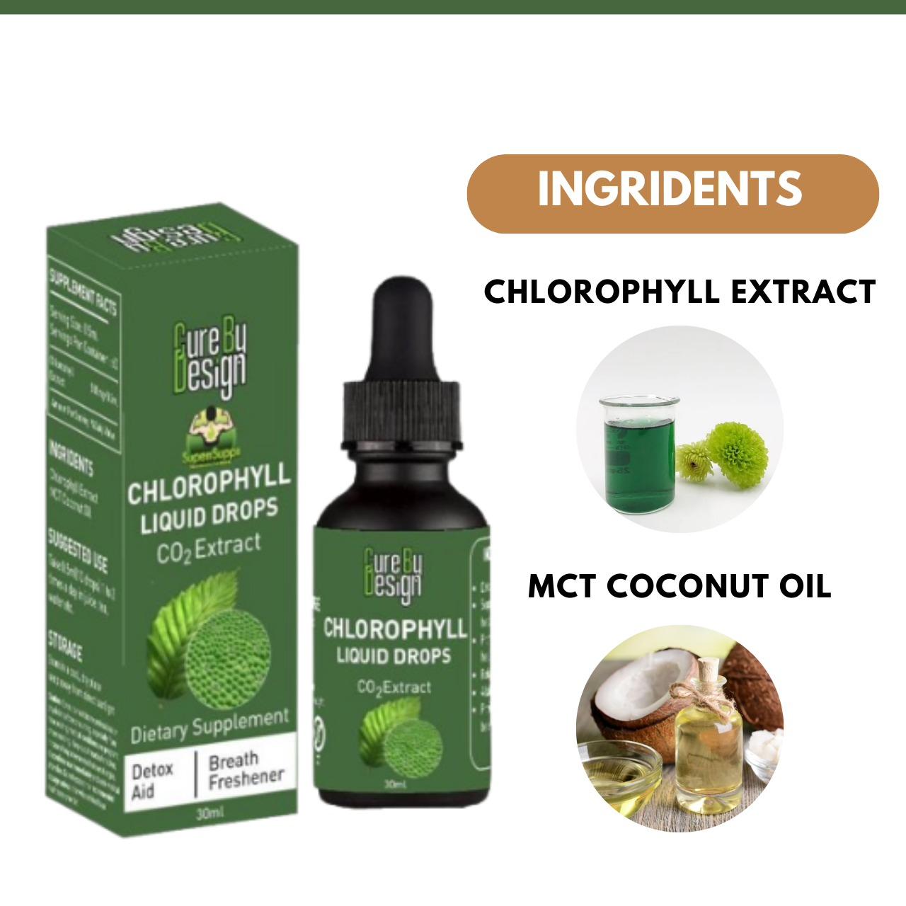 Chlorophyll Liquid Drops | Co2 Extract - Breathe Freshener - Refresh Your Body &amp; Cleanse Naturally - Cure By Design - 30ml