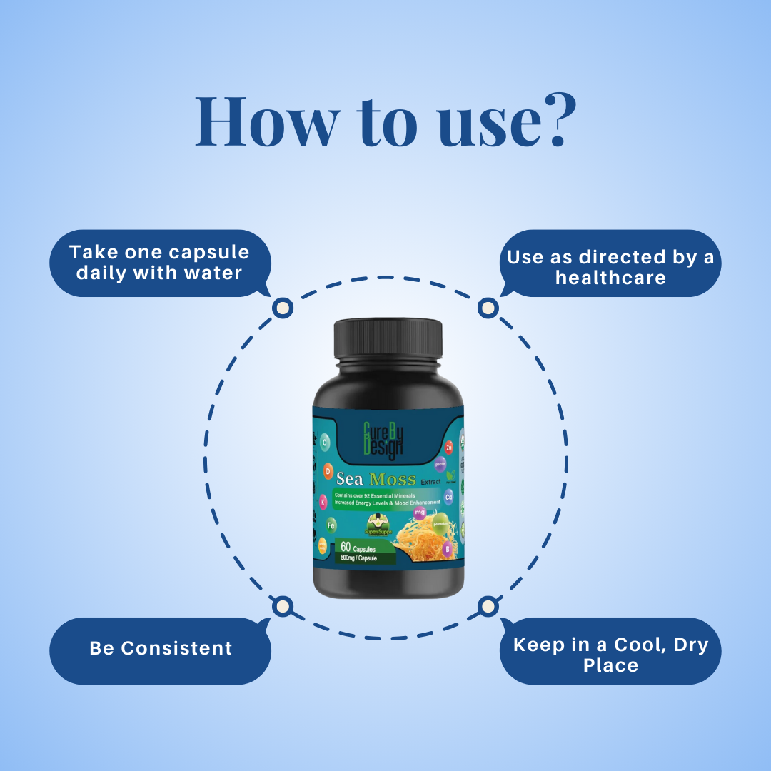 Sea Moss Extract |  USDA Organic - Contains Over 92 Essential  - Increase Energy Levels &amp; Mood Enhnacemnet - Cure By Design - 500mg - 60 Capsules