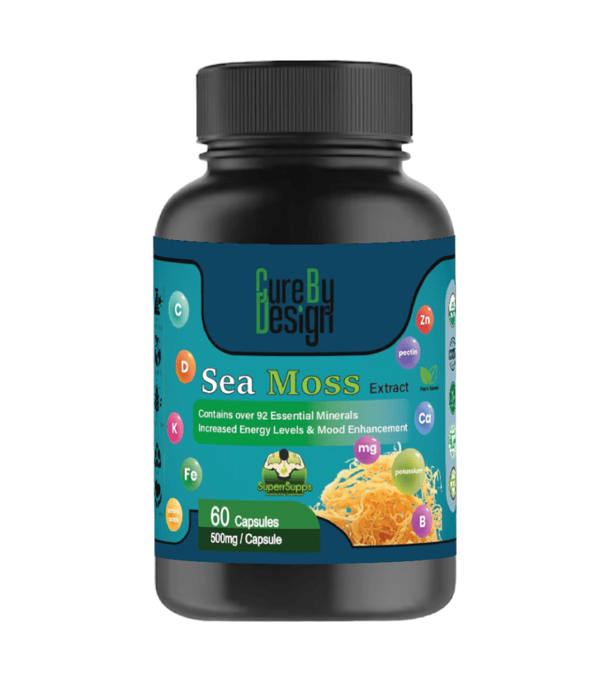 Sea Moss Extract | USDA Organic - Contains Over 92 Essential - Increase Energy Levels & Mood Enhnacemnet - Cure By Design - 500mg - 60 Capsules