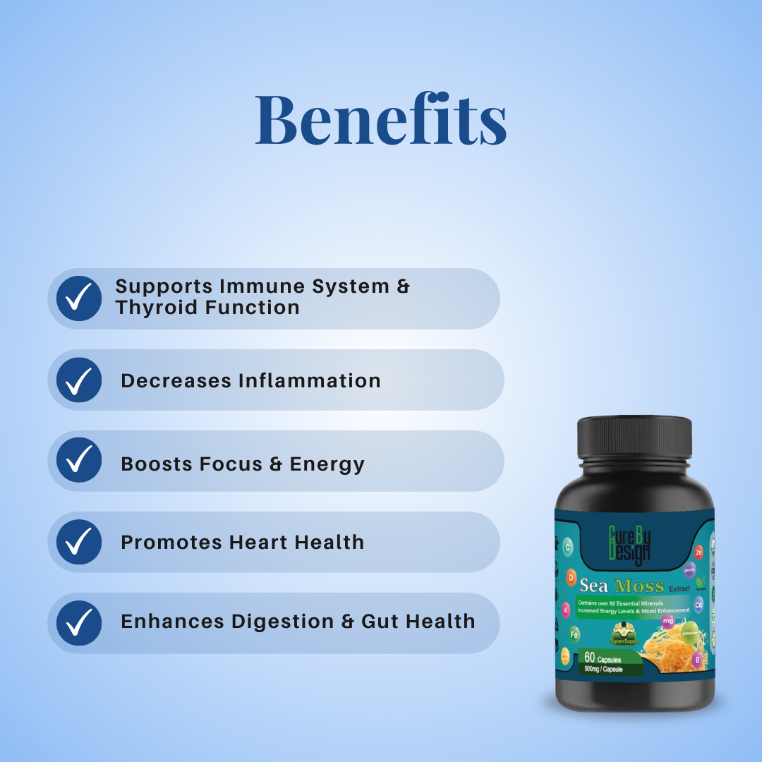 Sea Moss Extract |  USDA Organic - Contains Over 92 Essential  - Increase Energy Levels &amp; Mood Enhnacemnet - Cure By Design - 500mg - 60 Capsules