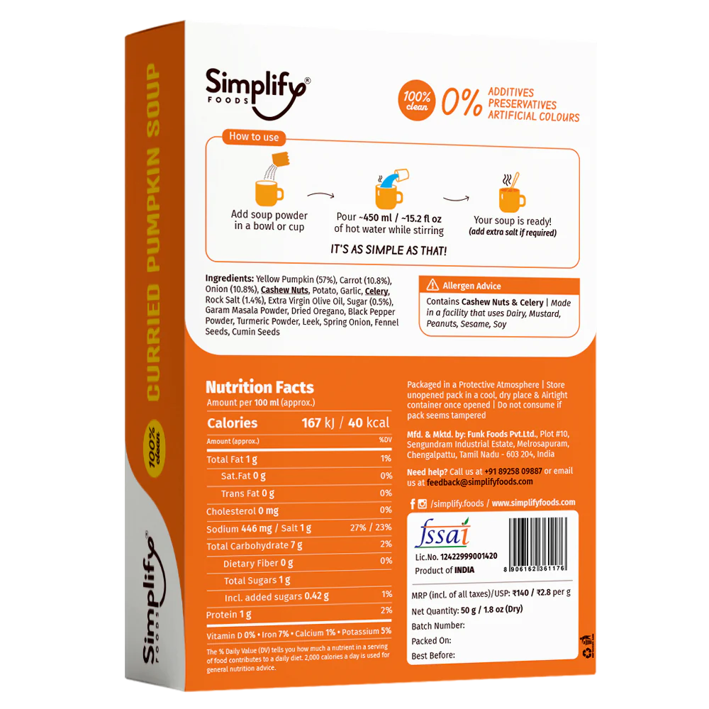 Soup | Curried Pumpkin Soup (Loaded With Veggies 57% Pumpkin &amp; 10.8% Carrot) – 100% Clean – No Flours, Fillers, Thickeners, No Preservatives, Colours &amp; No Additives – Simplify Foods – 50gm