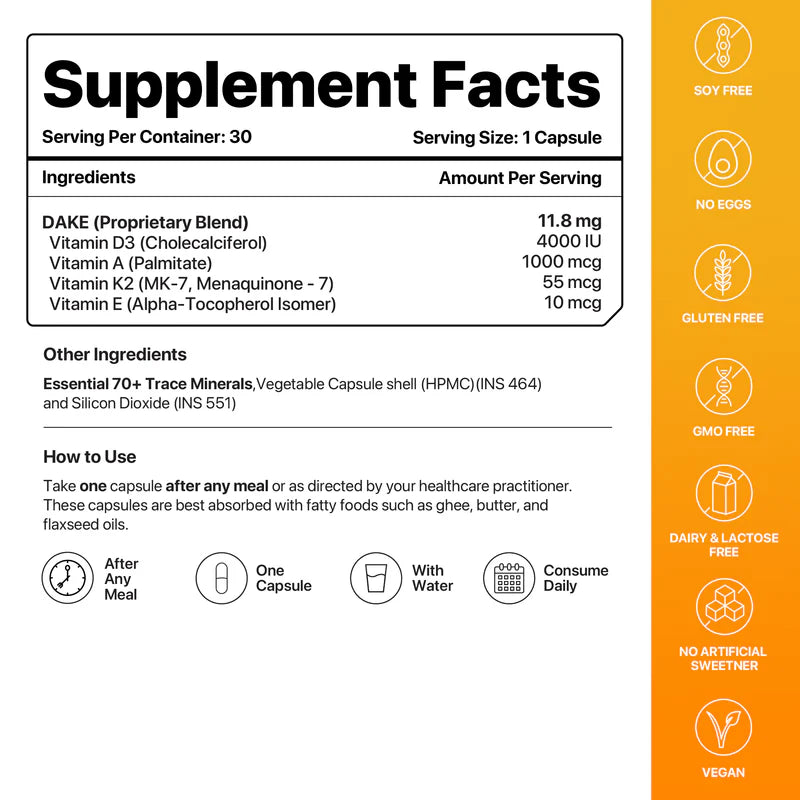 DAKE | Vitamin D3, K2 (MK-7), A &amp; E – Vegan, Gluten Free, Non GMO &amp; Sugar Free - Decode Age – 30 Vegan Capsules