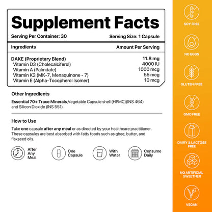 DAKE | Vitamin D3, K2 (MK-7), A &amp; E – Vegan, Gluten Free, Non GMO &amp; Sugar Free - Decode Age – 30 Vegan Capsules